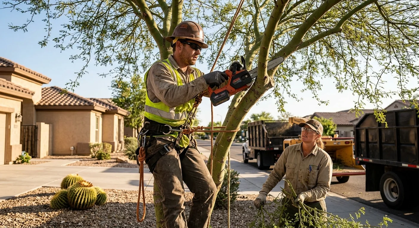 Tree crew clearing overgrown brush from a Maricopa desert property lot