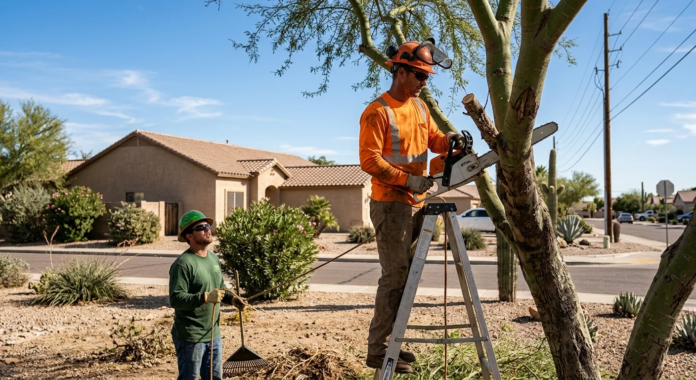 Crane lifting a large tree section over a Maricopa backyard during removal