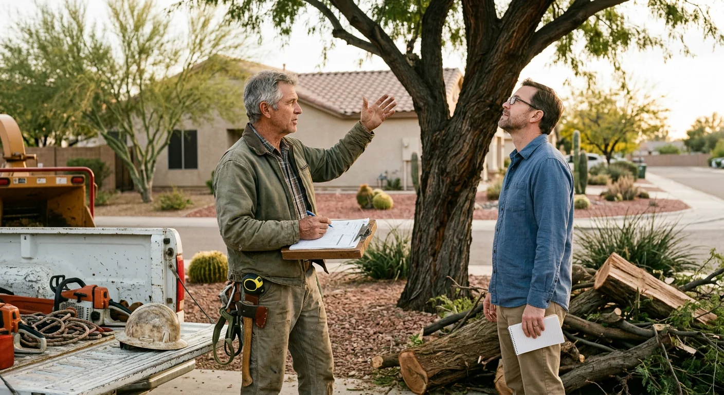 Arborist assessing a storm-damaged tree beside a Maricopa home before emergency removal