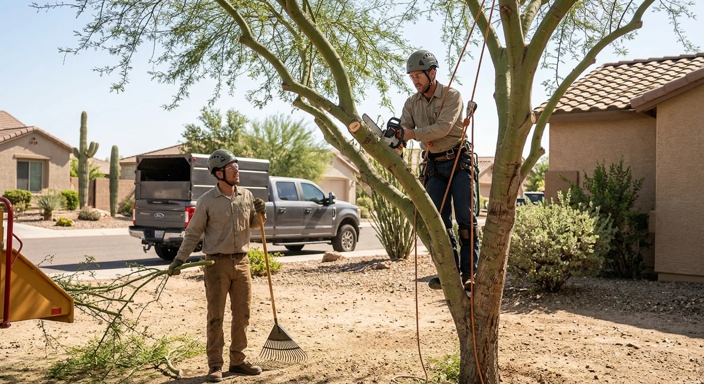 Tree crew assessing a hazardous leaning tree beside a Maricopa home