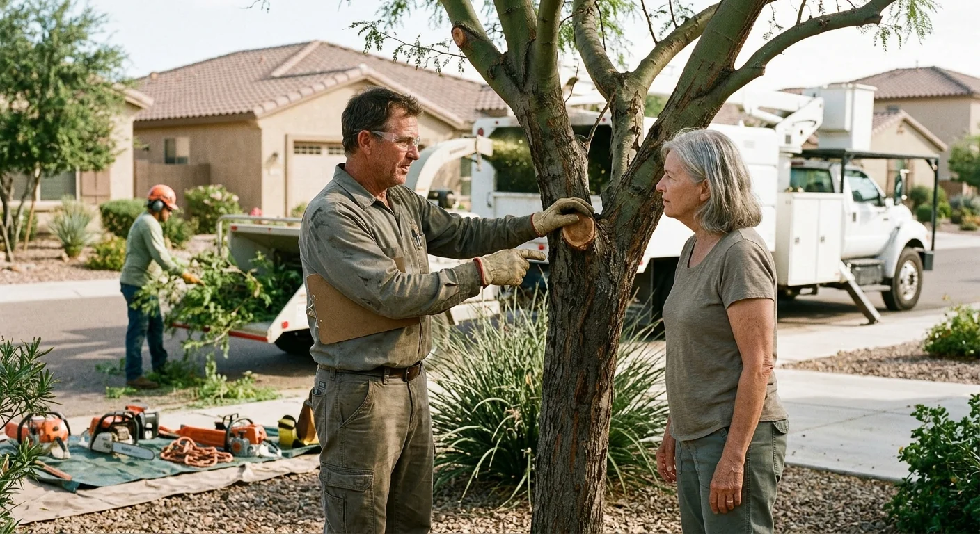 Crew clearing brush and mesquite from a desert residential lot in Maricopa