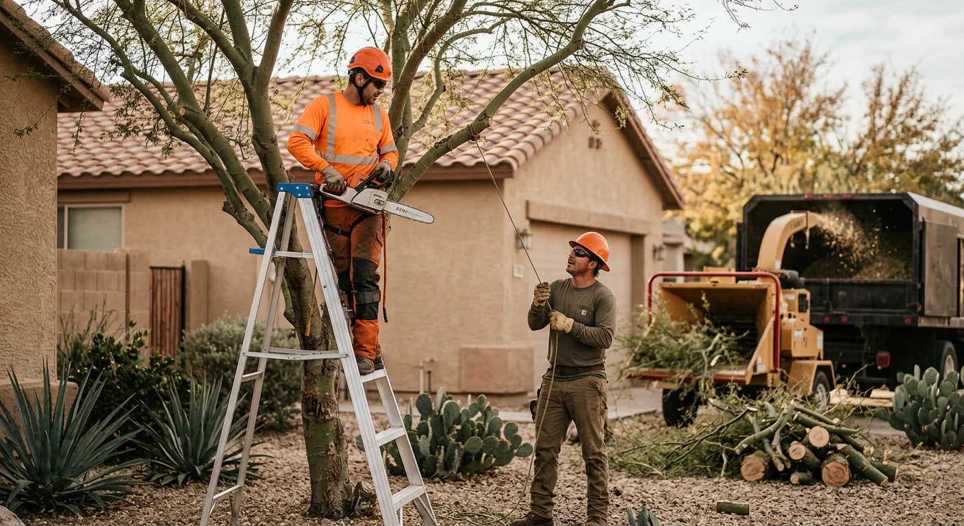 Tree crew clearing storm-damaged branches from a Maricopa backyard after high winds