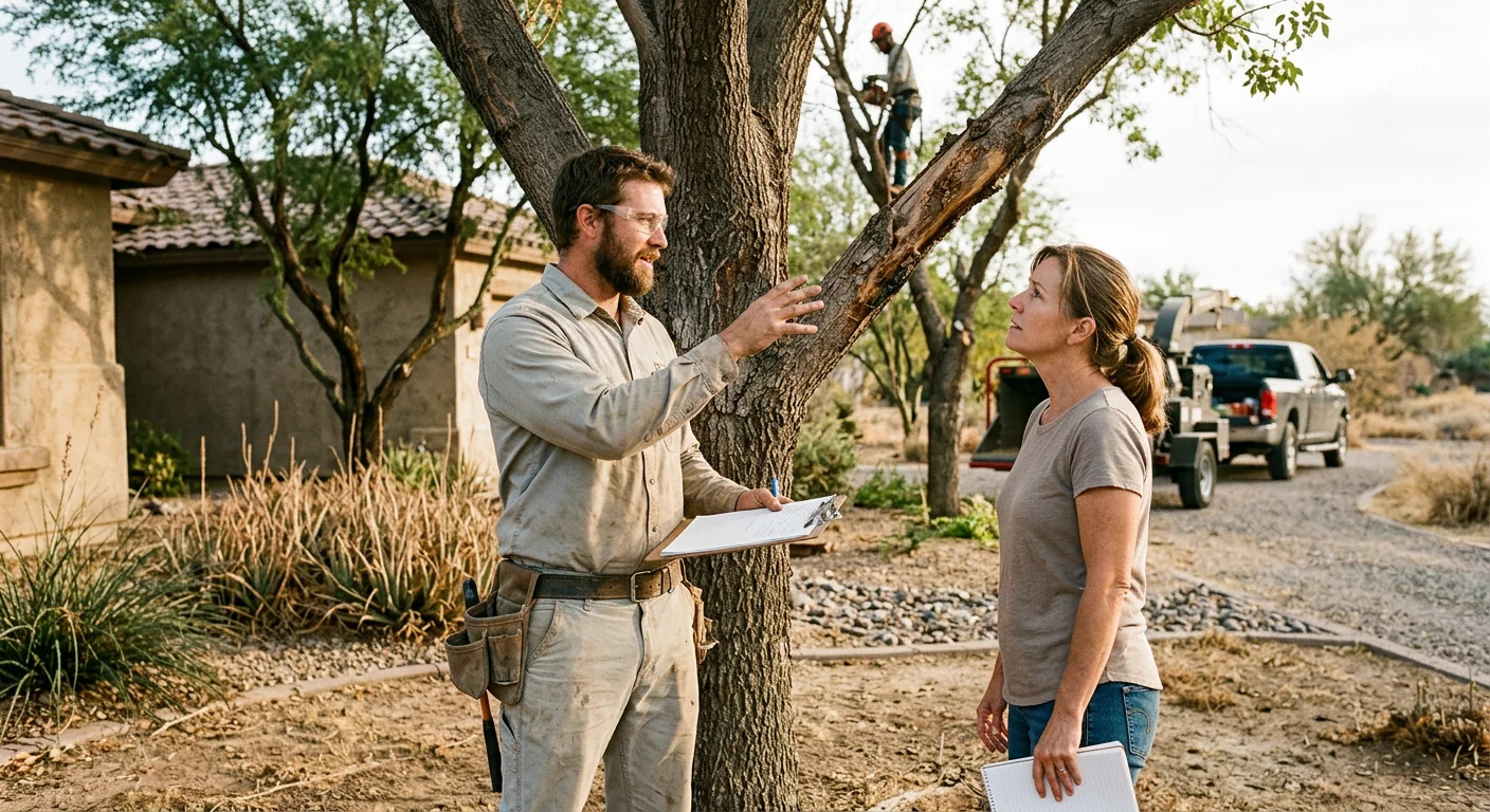 Arborist inspecting a cabled mesquite canopy on a Maricopa property