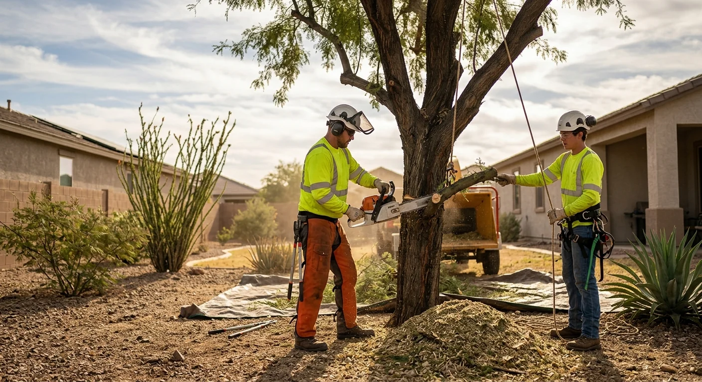 Arborist installing support cables in a mature backyard tree in Maricopa