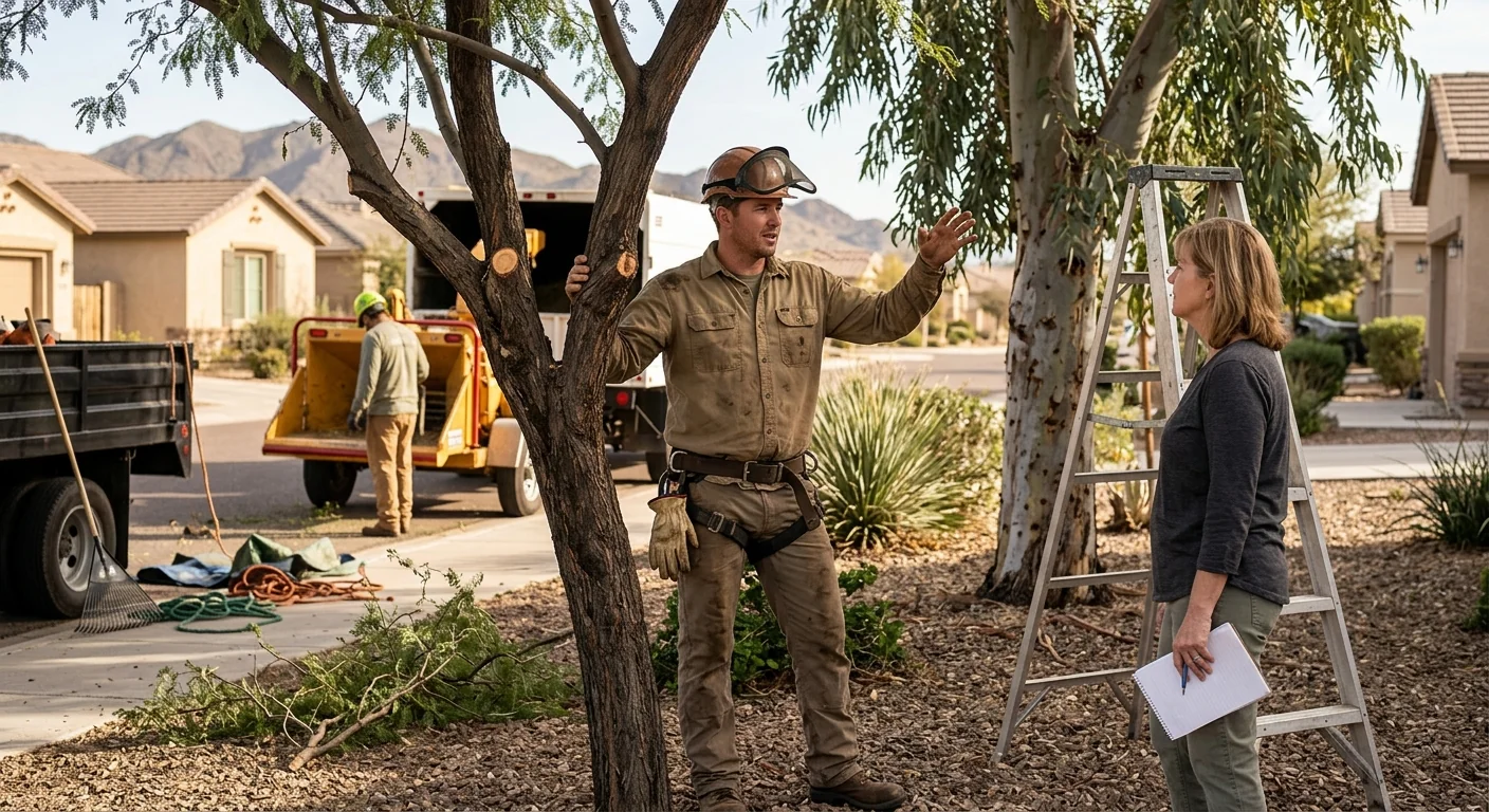 Arborist inspecting canopy health of a mature desert shade tree in Maricopa yard