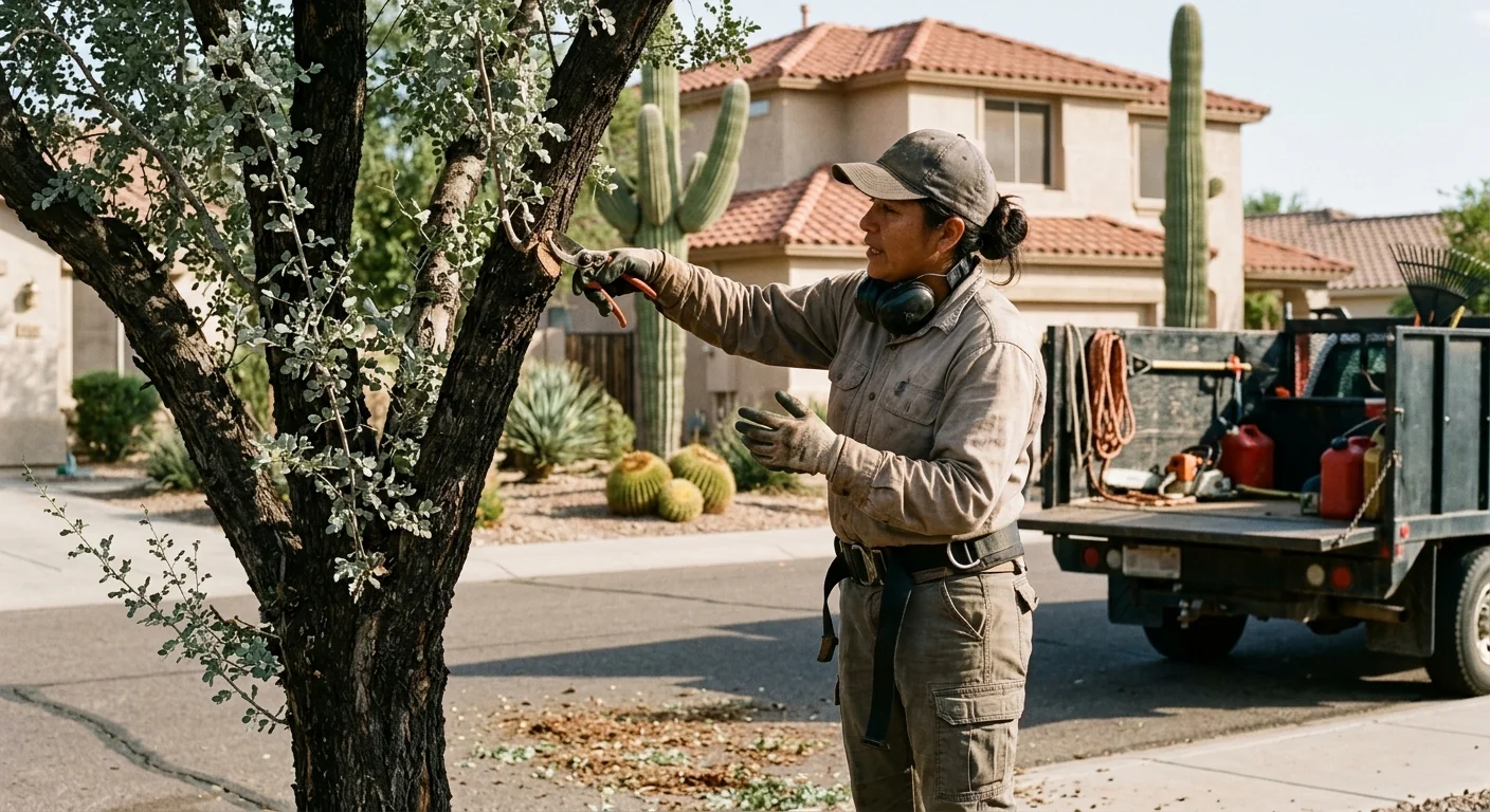 Arborist inspecting a healthy shade tree in a Maricopa backyard