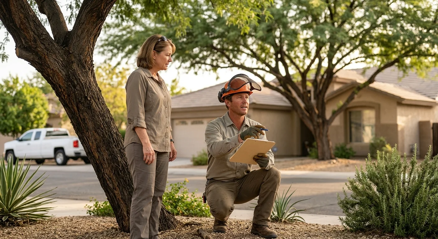 Crew planting a young shade tree in a Maricopa backyard with irrigation basin