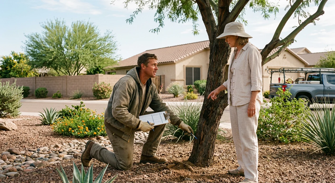 Arborist making a pruning cut on a mature desert tree in a Maricopa backyard
