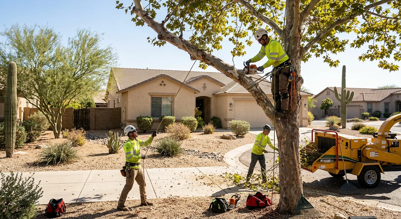 Arborist pruning a shade tree in a Maricopa backyard on a clear day