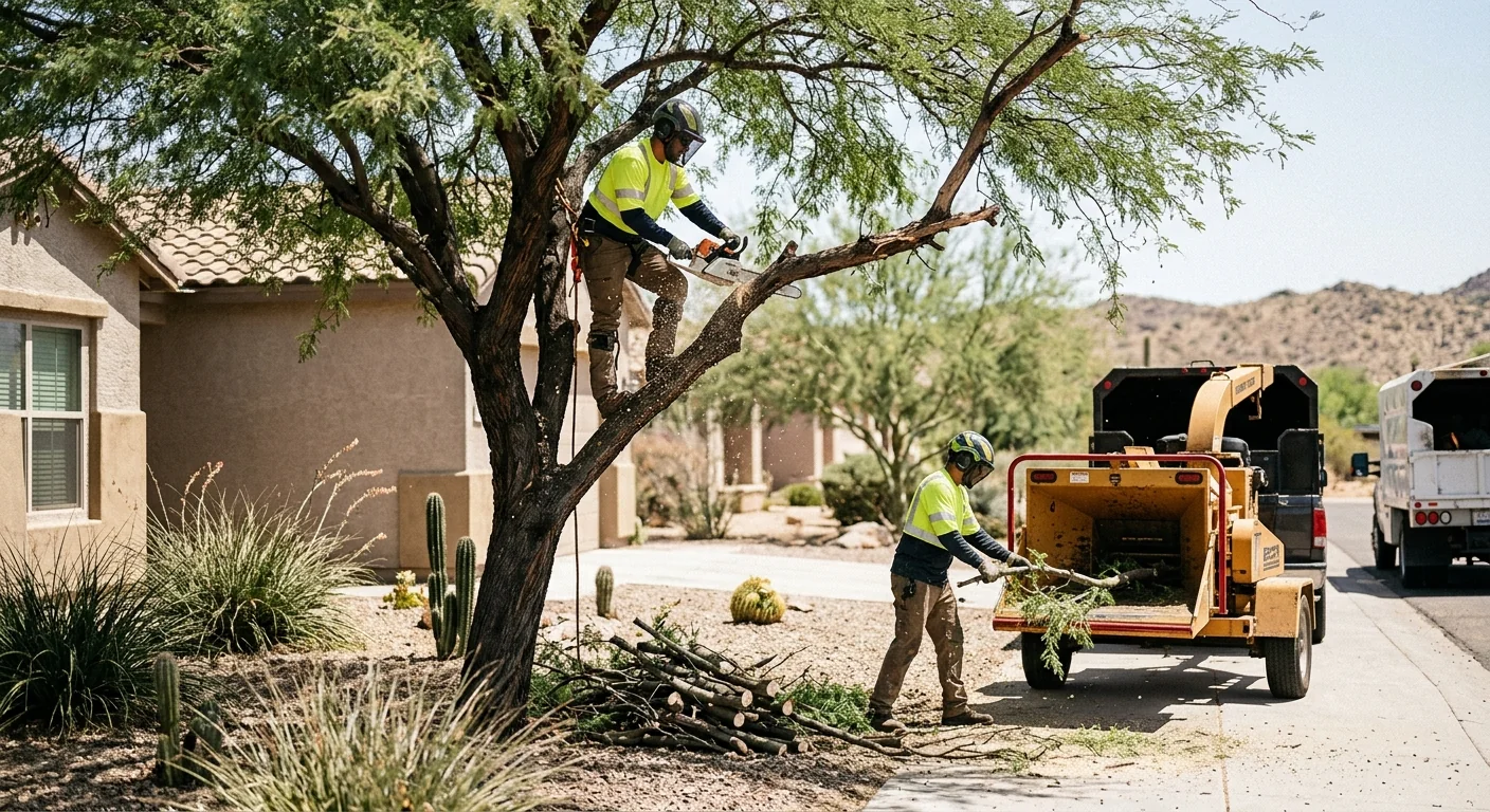 Tree removal crew safely lowering a large tree in a Maricopa yard