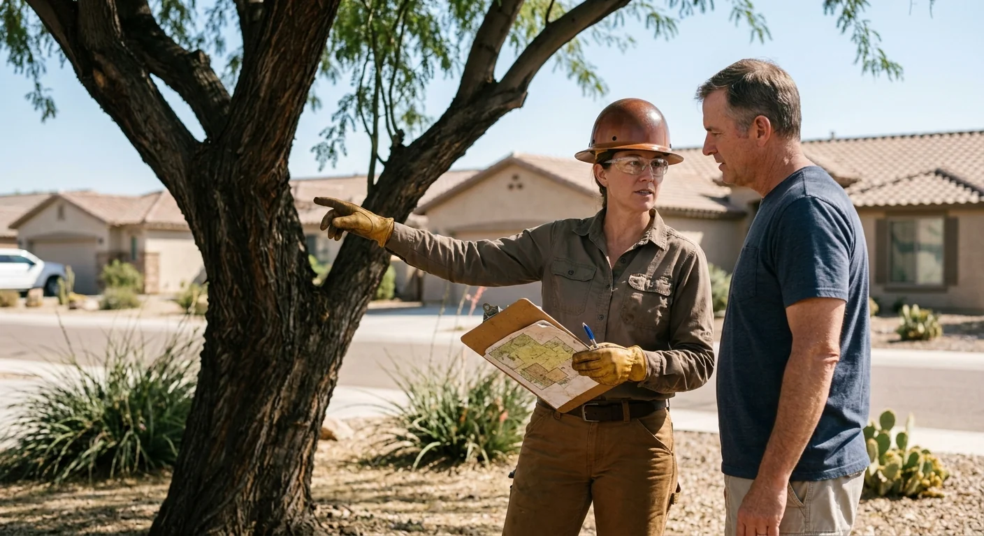 Arborist inspecting a mature backyard tree during a Maricopa risk assessment visit