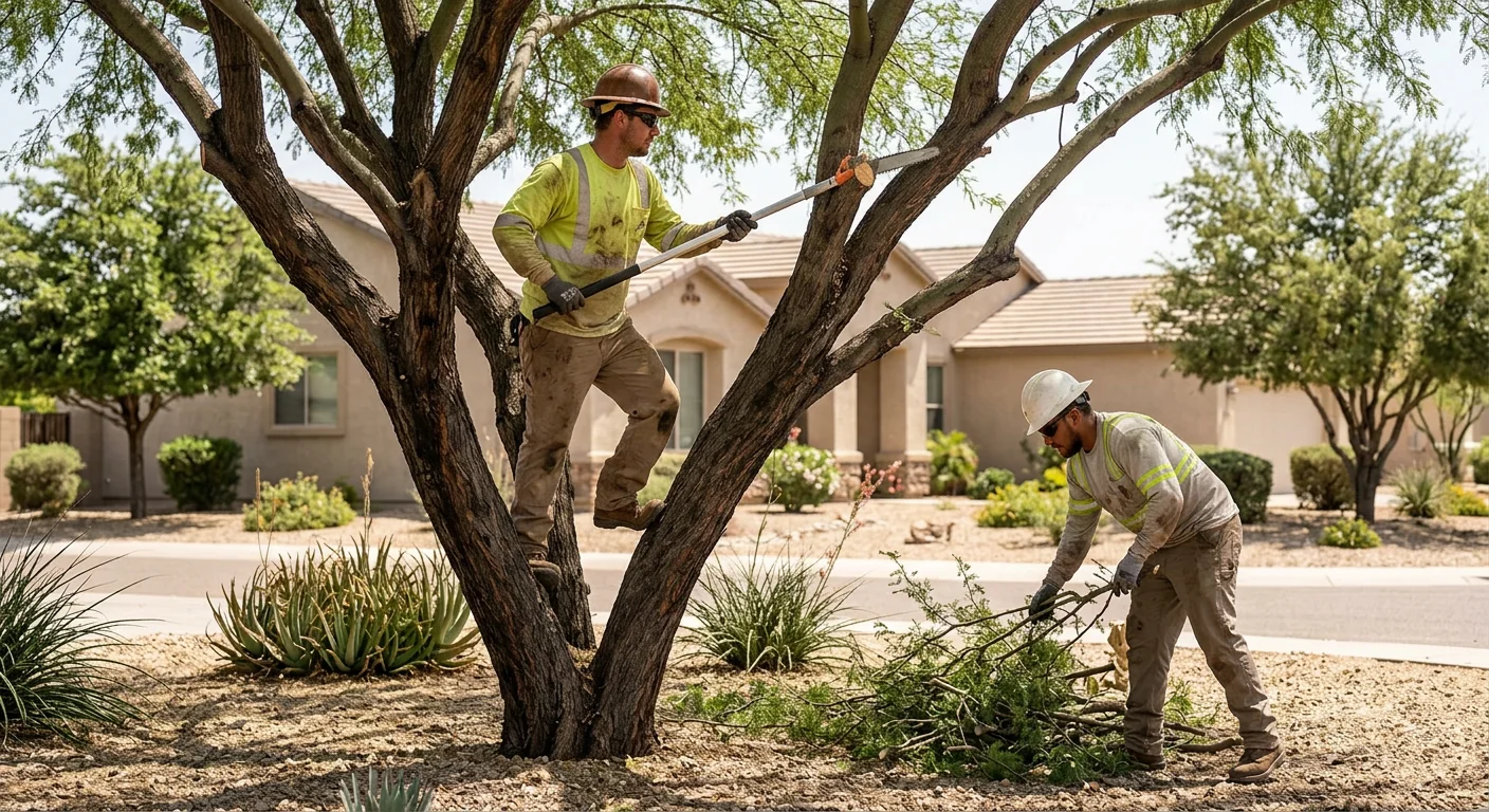 Arborist inspecting a backyard tree during a Maricopa risk assessment visit
