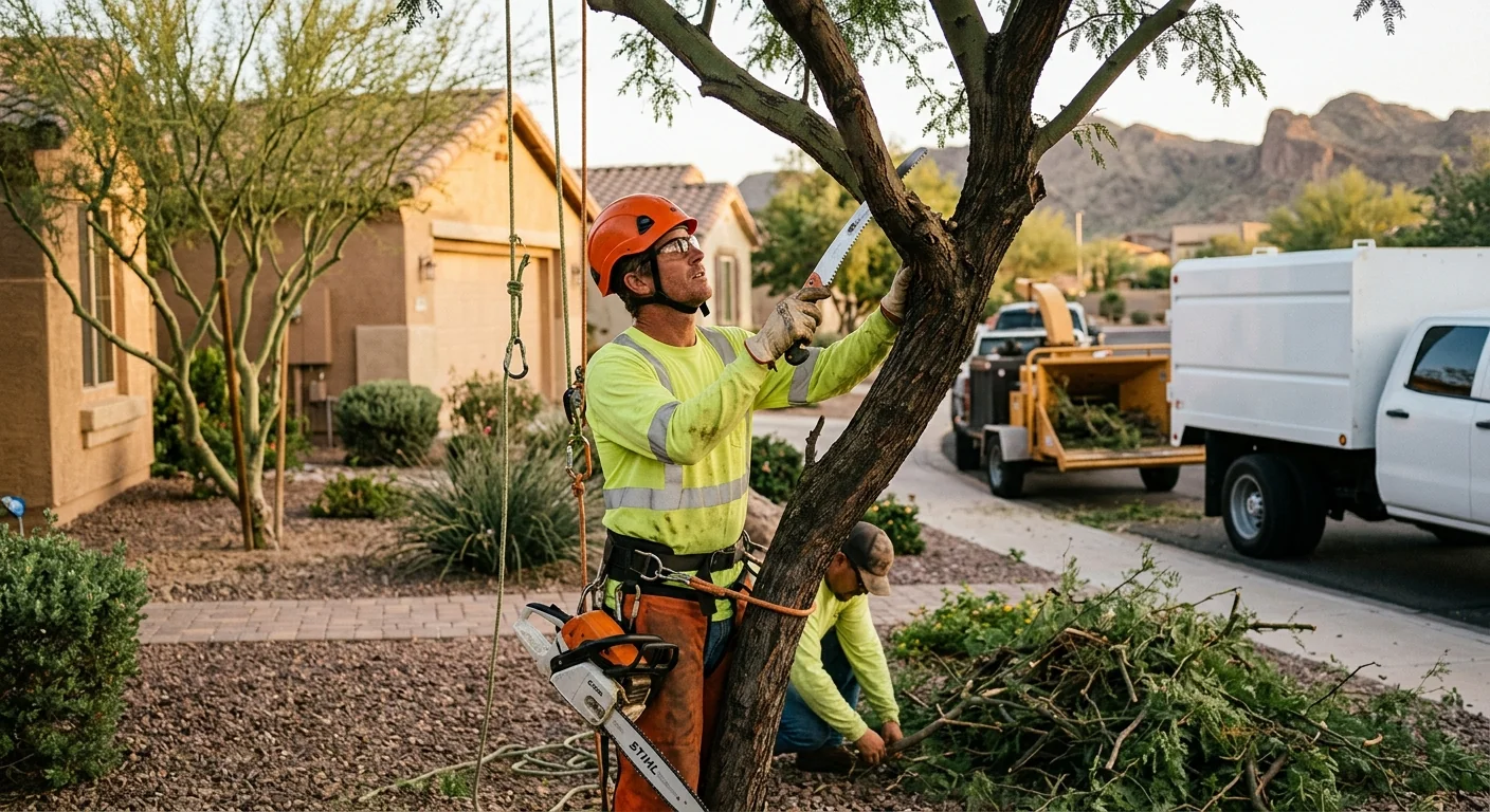 Tree care crew assessing a shaded backyard property in Maricopa Arizona