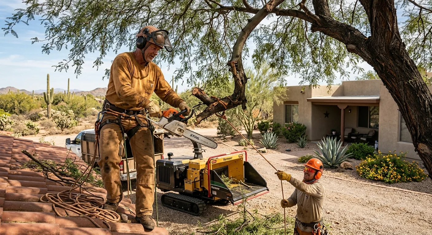 Arborist inspecting a mature desert tree in a Maricopa backyard before pruning