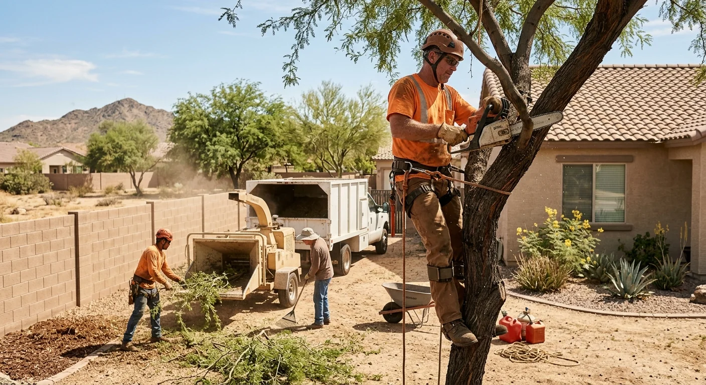Tree service estimator reviewing written details with a homeowner in the yard