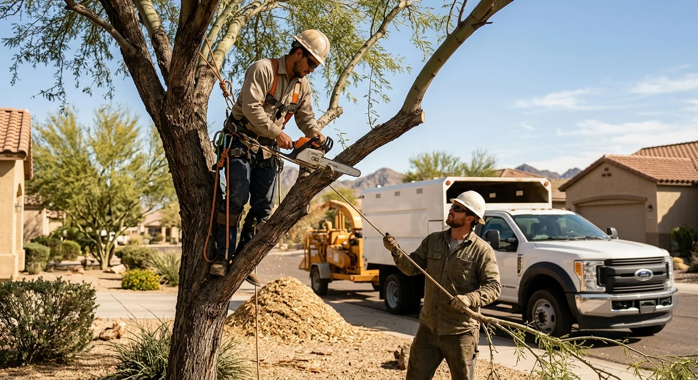 Tree service crew reviewing a free estimate with a homeowner in a Maricopa backyard