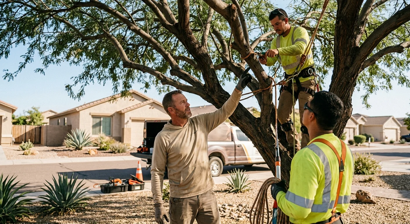 Tree crew inspecting a mature desert canopy on a Maricopa residential lot