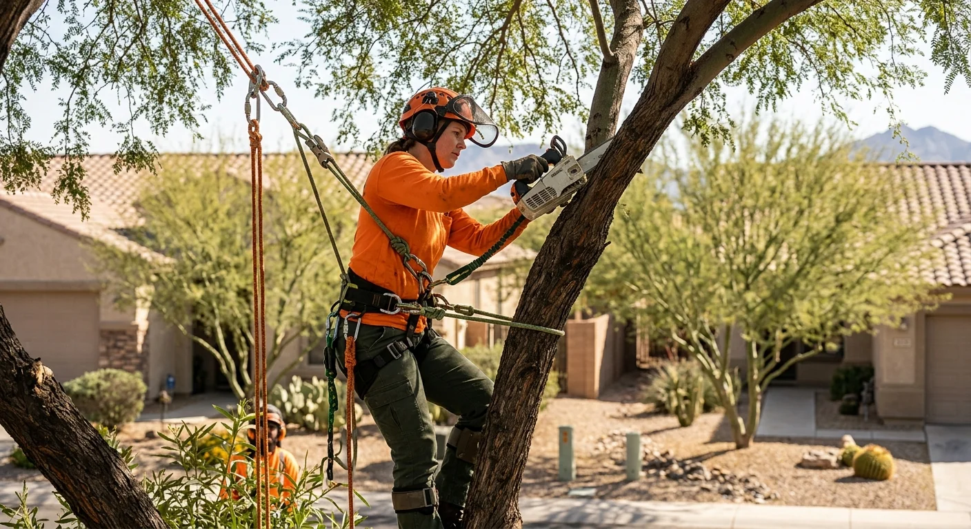 Climber using rigging lines and safety gear during tree pruning work