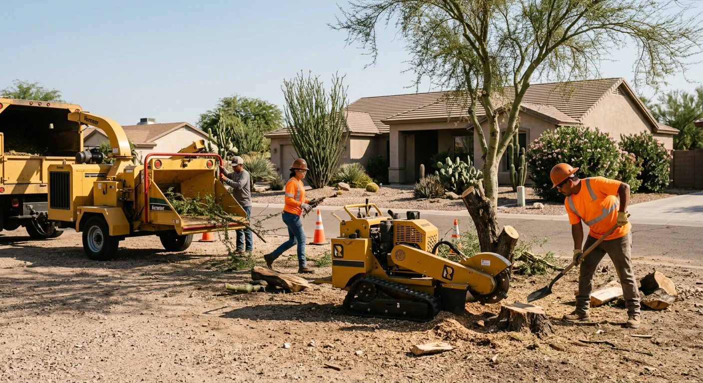 Chipper and stump grinding equipment staged for a low desert tree job