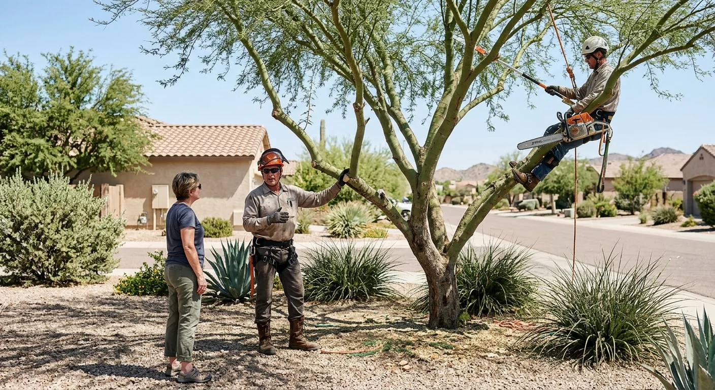 Tree care specialist reviewing a written estimate with a homeowner in a Maricopa yard