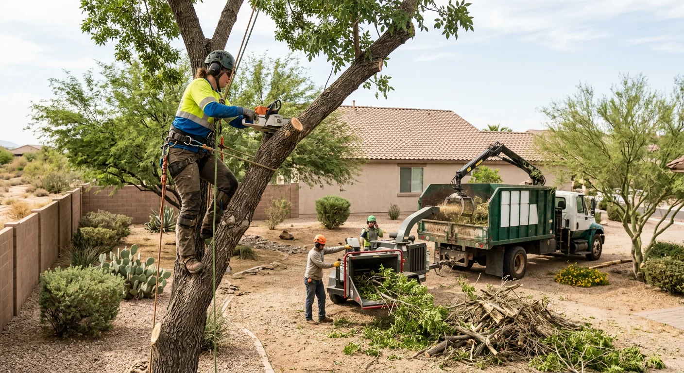 Arborist trimming leafy tree branches in a Maricopa backyard on a sunny day
